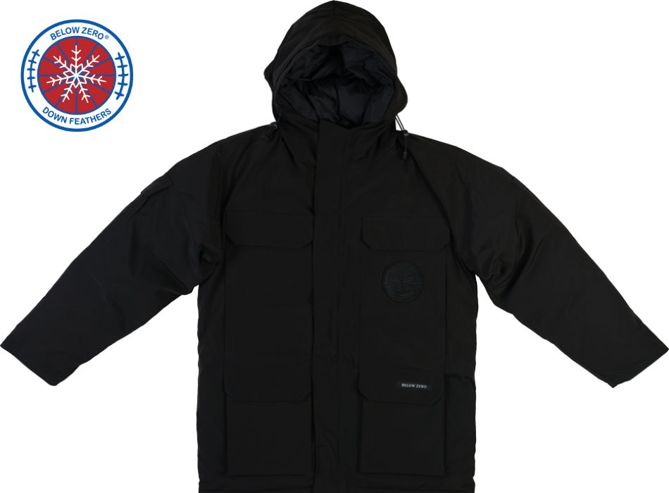 Beluga Black Winter Jacket - Front View with Hood - Below Zero Hero