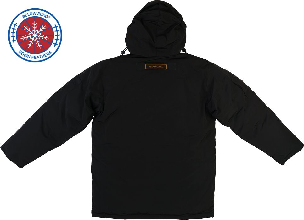 Beluga Black Winter Jacket - Back View with Hood Up - Below Zero Hero