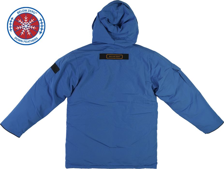 Sunset Blue Winter Jacket - Back View with Hood Up - Below Zero Hero