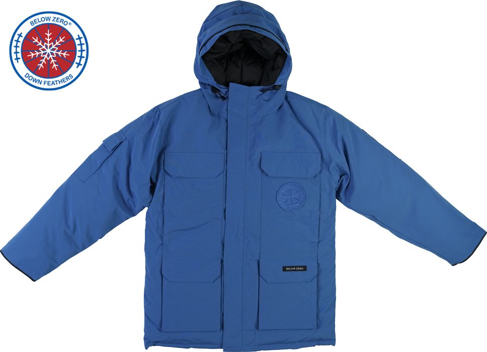 Sunset Blue Winter Jacket - Front View with Hood - Below Zero Hero