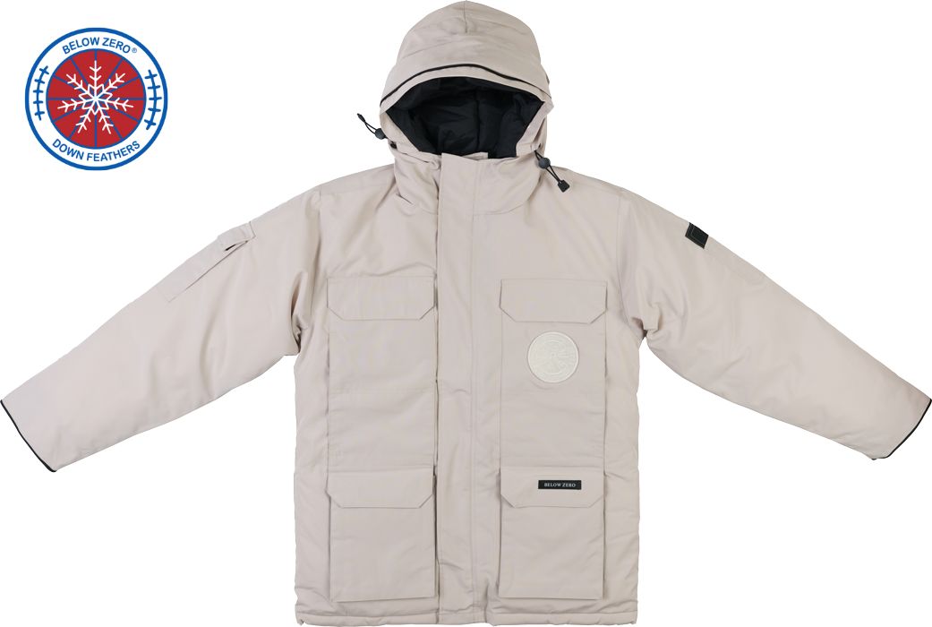 Vanilla Cream Winter Jacket - Front View with Hood - Below Zero Hero