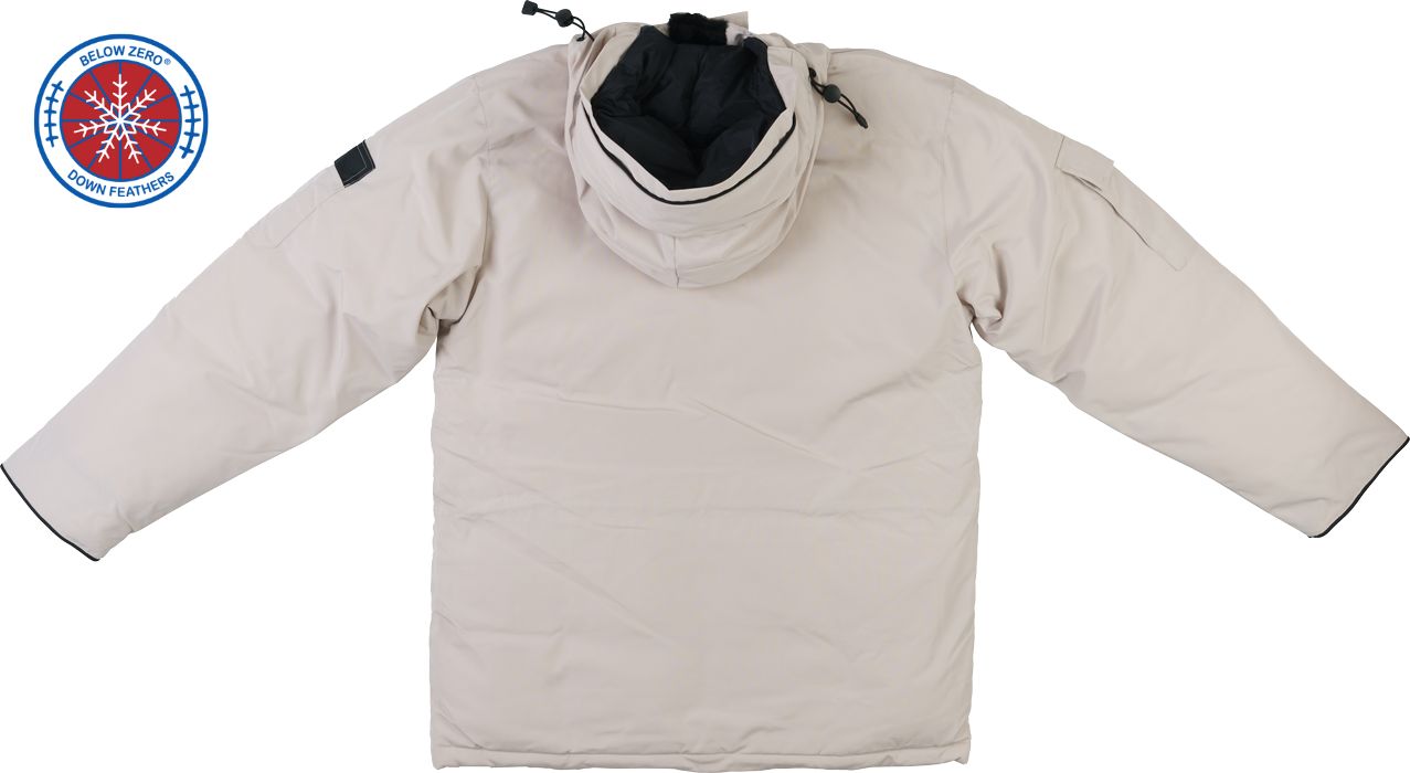 Vanilla Cream Winter Jacket - Back View with Hood - Below Zero Hero