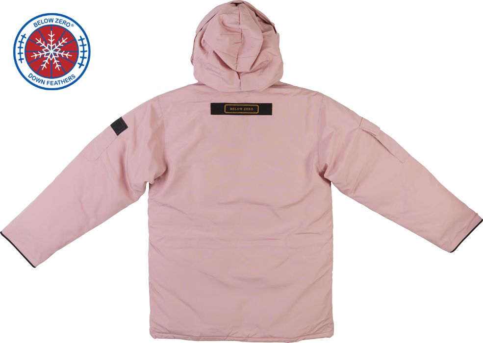 Pretty in Pink Winter Jacket - Back View with Hood Up - Below Zero Hero