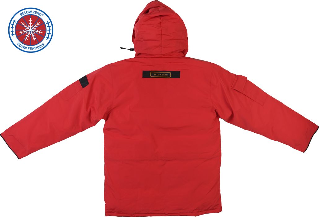 Fire Engine Red Winter Jacket - Back View with Hood Up - Below Zero Hero