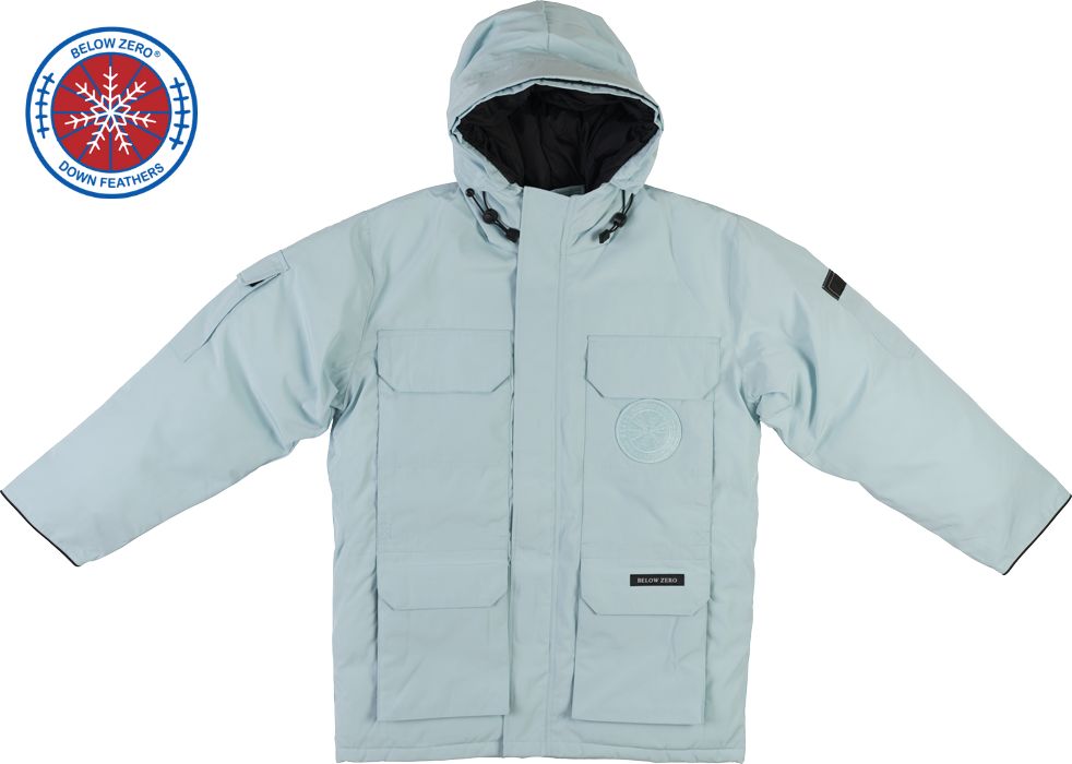 Sea Foam Green Winter Jacket - Front View with Hood - Below Zero Hero