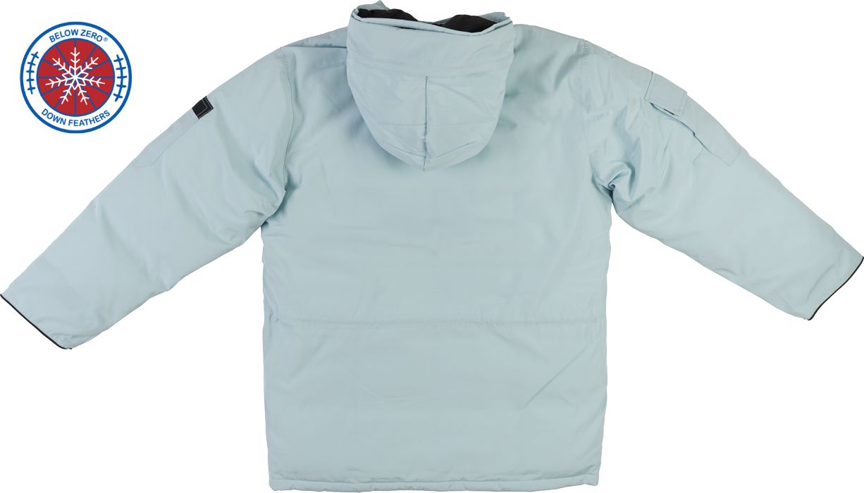 Sea Foam Green Winter Jacket - Back View with Hood - Below Zero Hero