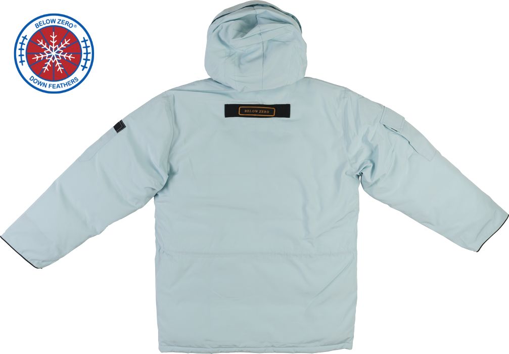 Sea Foam Green Winter Jacket - Back View with Hood Up - Below Zero Hero