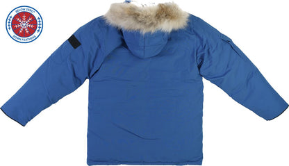 Sunset Blue Winter Jacket - Back View with Fur - Below Zero Hero