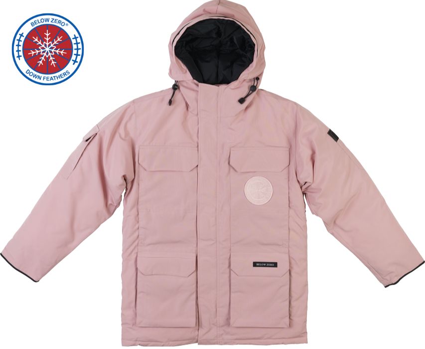 Pretty in Pink Winter Jacket - Front View with Hood - Below Zero Hero