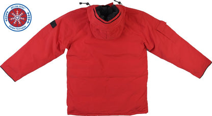 Fire Engine Red Winter Jacket - Back View with Hood - Below Zero Hero