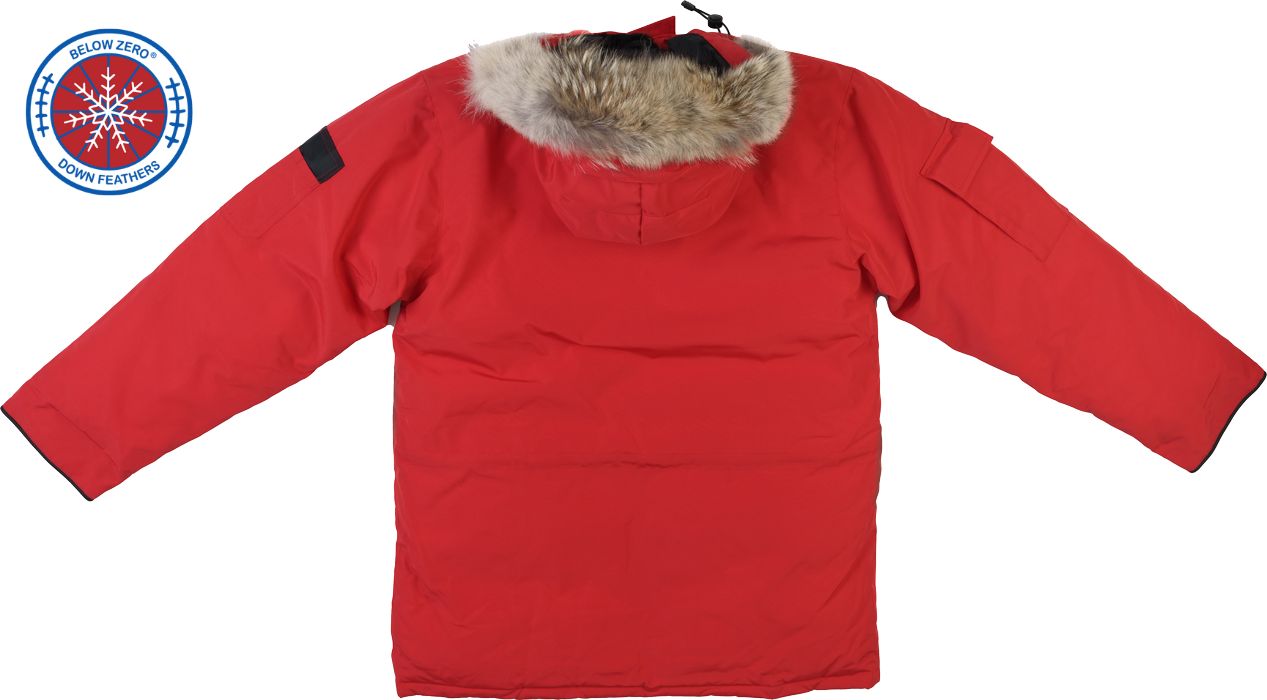 Fire Engine Red Winter Jacket - Back View with Fur - Below Zero Hero