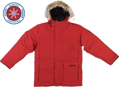 Fire Engine Red Winter Jacket - Front View with Fur - Below Zero Hero